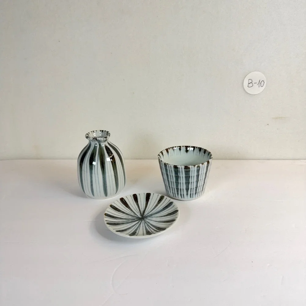 Japanese Sake Set Ceramic Carafe Cup & Saucer Black White Striped B-10